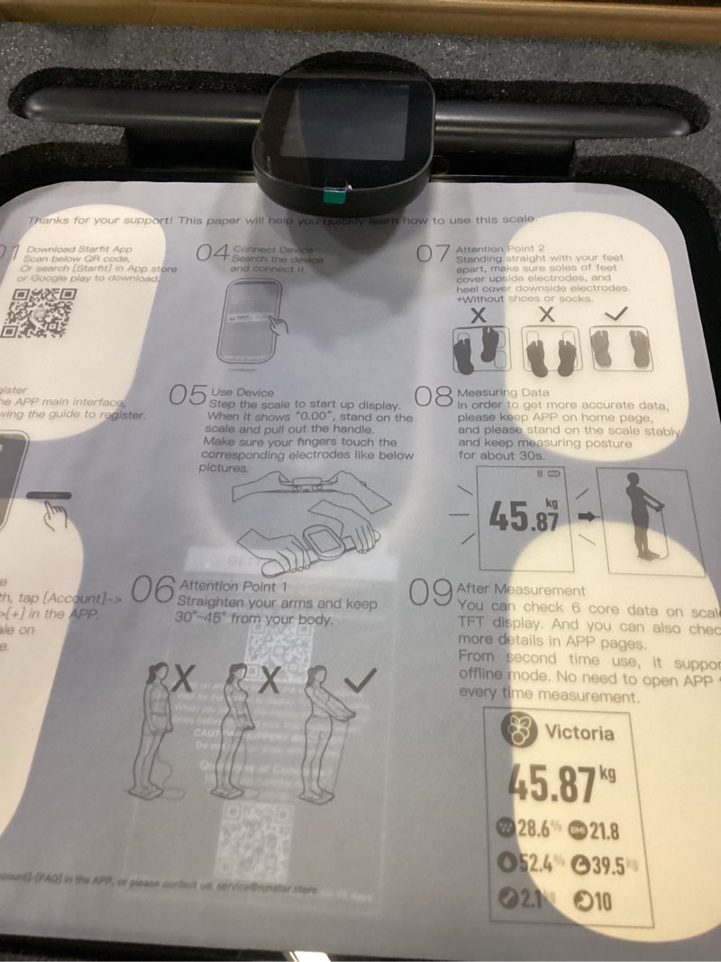 Condition photo showing Good Condition for runstar smart scale fsa&hsa eligible, 8 electrodes digital bathroom scale for body weight and fat, bmi, muscle mass 28 body composition measurement, with full-color tft lcd on retractable handle black gold