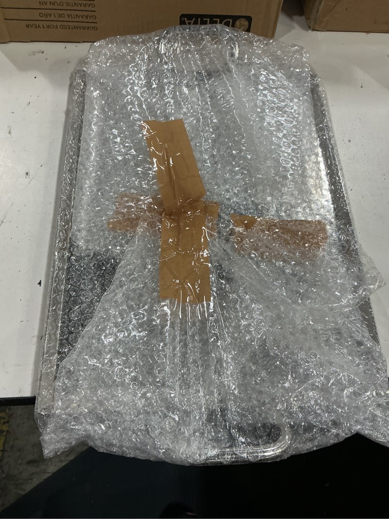 Condition photo showing New/Like New for g.e.t. sstpd-1612-mp heavy-duty metal serving/ottoman tray with handles, 16" x 12", mirror polished steel 16" x 12" x 0.5" mirror polished steel
