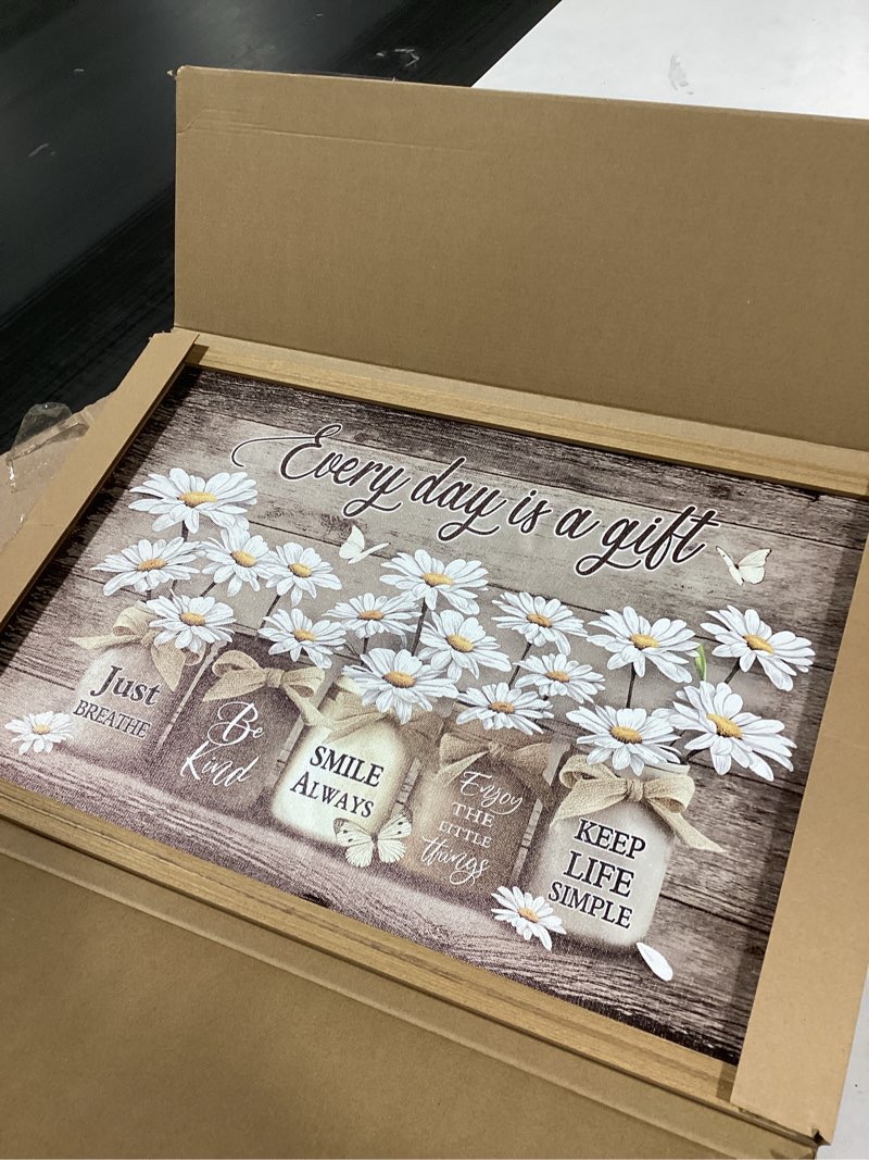 Condition photo showing New/Like New for Framed Vintage Rustic Wall Art Farmhouse Daisy Wall Decor Country Flower Inspirational Print Picture Floral Still Life Canvas Painting for Bedroom Bathroom 16x24 Inch Daisy 16"L x 24"W