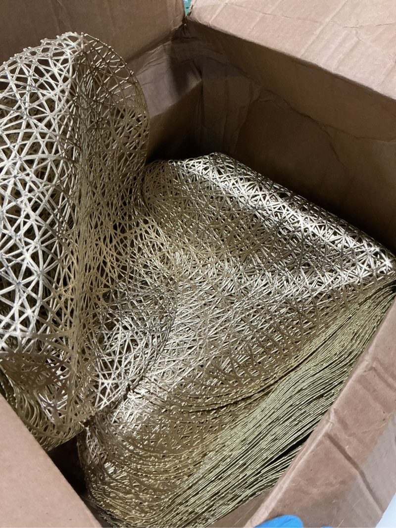 Condition photo showing Good Condition for sieral 60 packs gold round placemats 15 inch hollow out pressed vinyl place mats heat resistant woven gold placemats for christmas dinner table winter holiday party wedding centerpiece decoration gold 60