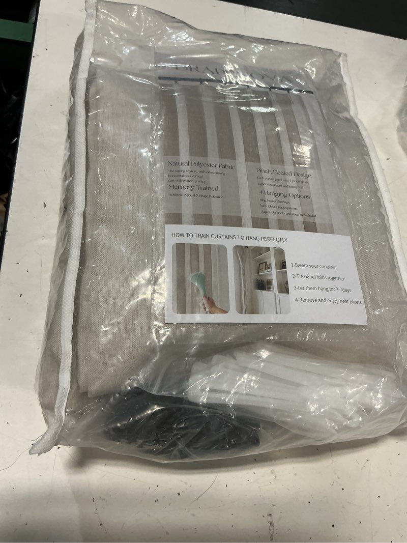 Condition photo showing New/Like New for ivory beige pinch pleated linen curtains 84 inch length 2 panels for bedroom living room textured semi sheer window curtain boho neutral back tab pinch pleat drape with hooks 84 inches long ivory beige 40"w x 84"l (pack of 2)