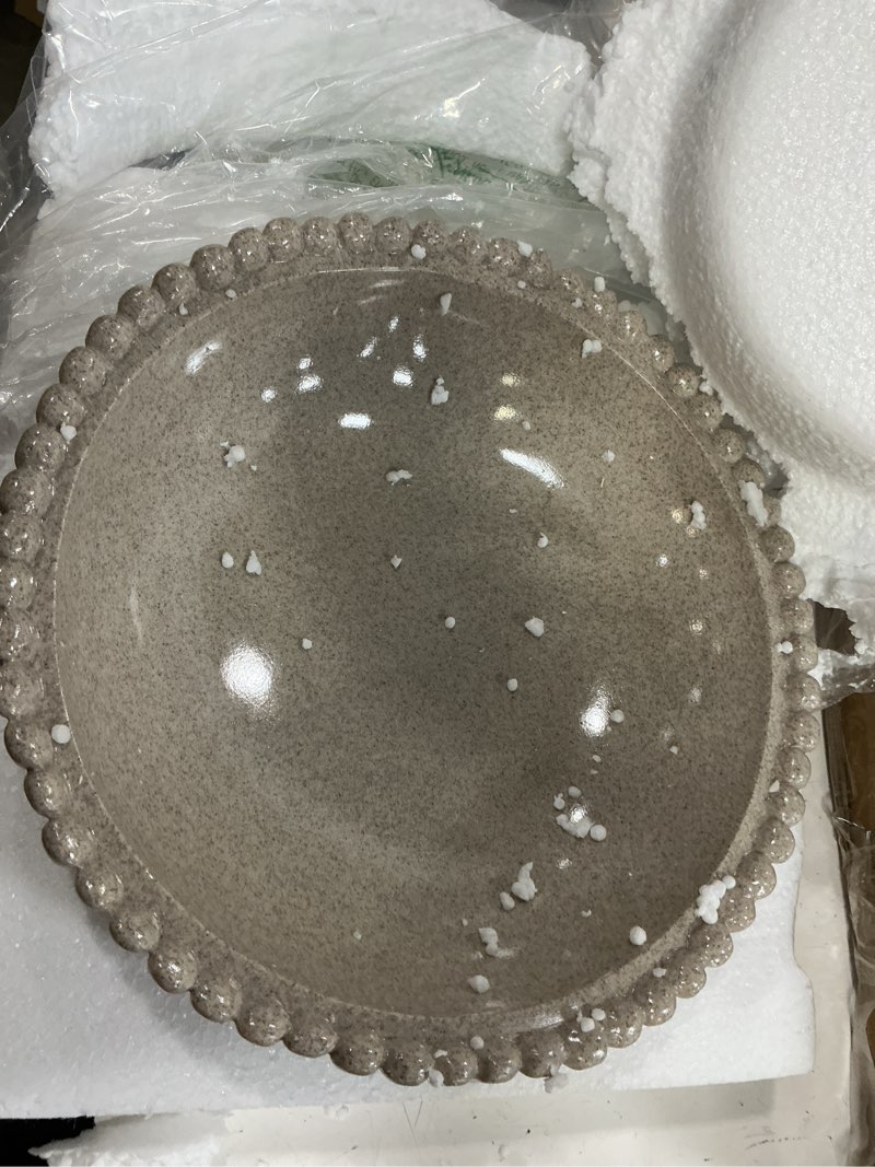 Condition photo showing Good Condition for large resin decorative bowl 12 inch, fruit bowl sandstone ruffle key bowl for coffee table shallow centerpiece bowl catch all bowl for kitchen counter, entryway, living room 12 inch beige