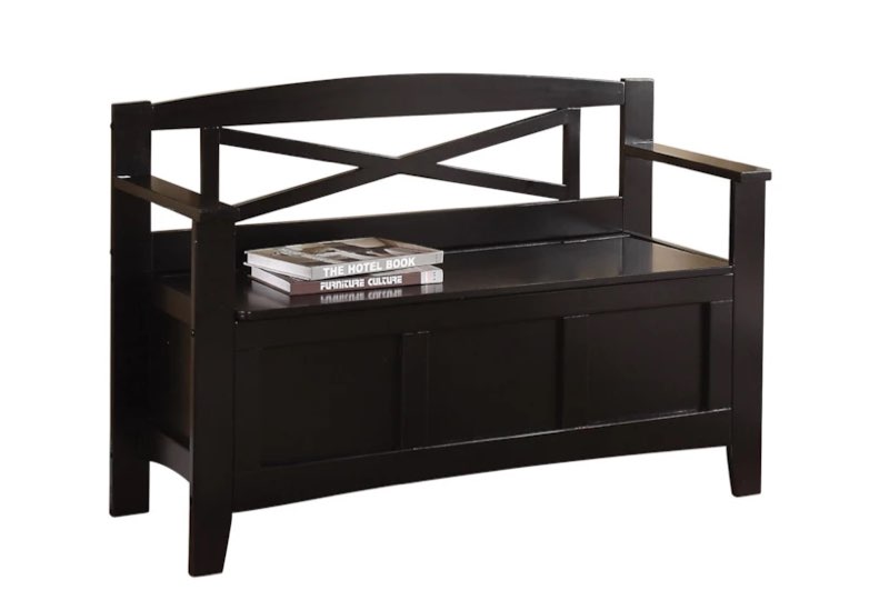 Black Wood 45" Storage Entry Way Bench / Settee With X Back | Entryway | Shoe Bench / Settee