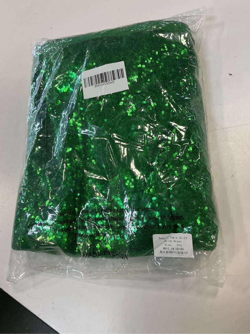 Condition photo showing New/Like New for QueenDream 9ft Green Table Skirts for Rectangle Sequin Table Cloth Glitter Table Skirt for Birthday Wedding Bridal Green Theme Party Green 108" x 30" (Rectangular)
