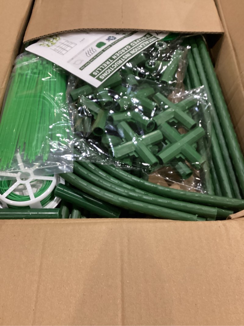 Condition photo showing New/Like New for amoskey cucumber trellis for raised beds, cucumber trellis for climbing plants outdoor, with garden netting and plant clip, metal arch garden trellis ideal for cucumbers, tomatoes, and flowers