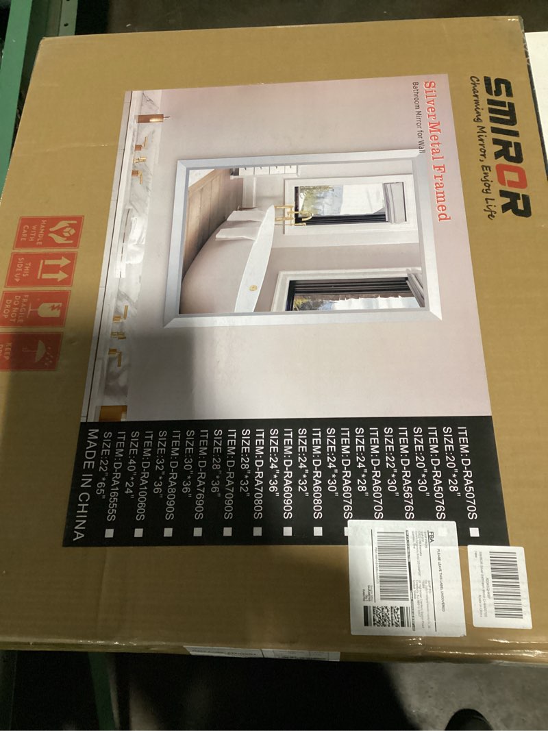 Condition photo showing Good Condition for smiror brushed silver bathroom mirror for over sink, 24”x 28” metal thick framed rectangle vanity mirror for wall, right angle corner, anti-rust, horizontally or vertically mounted silver 28"l x 24"w