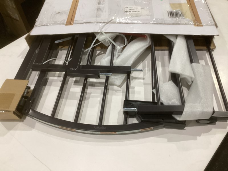Condition photo showing As Is for ingenuity easy open baby gate & dog gate, hands-free open patent-pending foot pedal, 27.5"-52" wide, 28" tall, hardware or pressure mounted, install in doorway, bottom of stairs, or wall - espresso