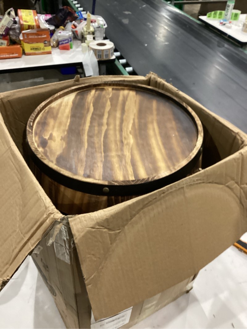 Condition photo showing As Is for (Broken) Wooden Wine Barrel Table – Stylish Cedar Wine Holder and Display Cabinet for Home Bars, Wine Cellars, Breweries, and Living Room Decor (Charred Color, Ø42*55cm)