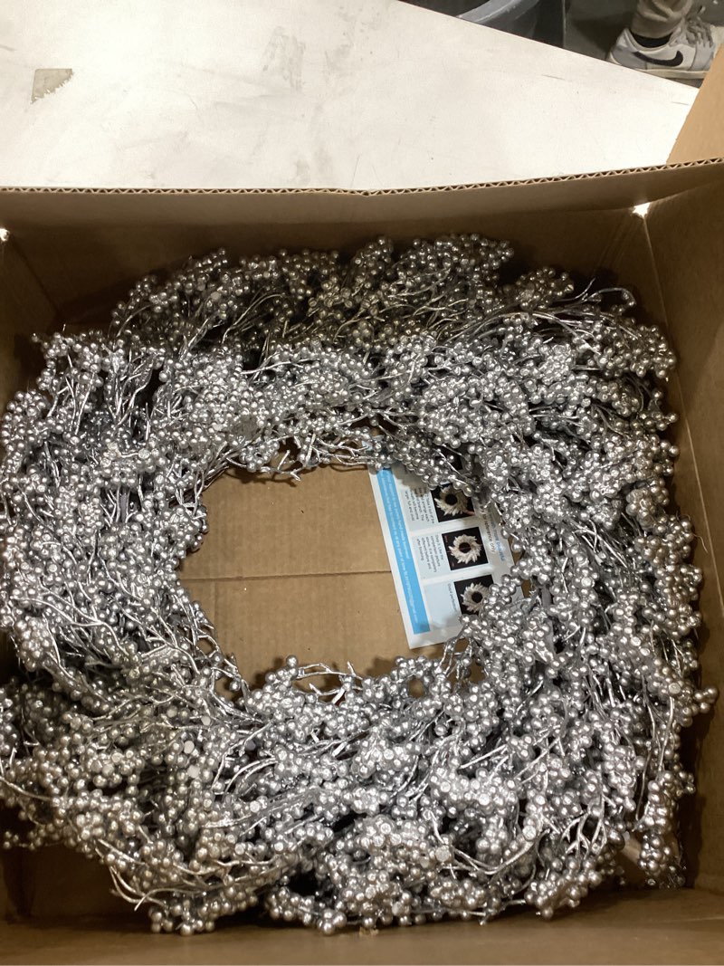 Condition photo showing As Is for 26 Inch Winter Front Door Wreath Silver Berry Wreath Winter Christmas Wreath with Silver Metallic Berry on Farmhouse Grapevine for Festival Celebration Front Door Wall Window Decoration Home Décor