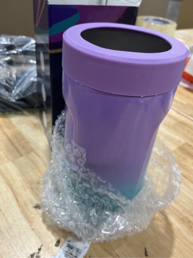 Condition photo showing New/Like New for 3-in-1 insulated can cooler - signice double walled vacuum insulator stainless steel slim can cooler for 12 oz skinny tall can/standard regular can/beer bottle (glitter purple blue)