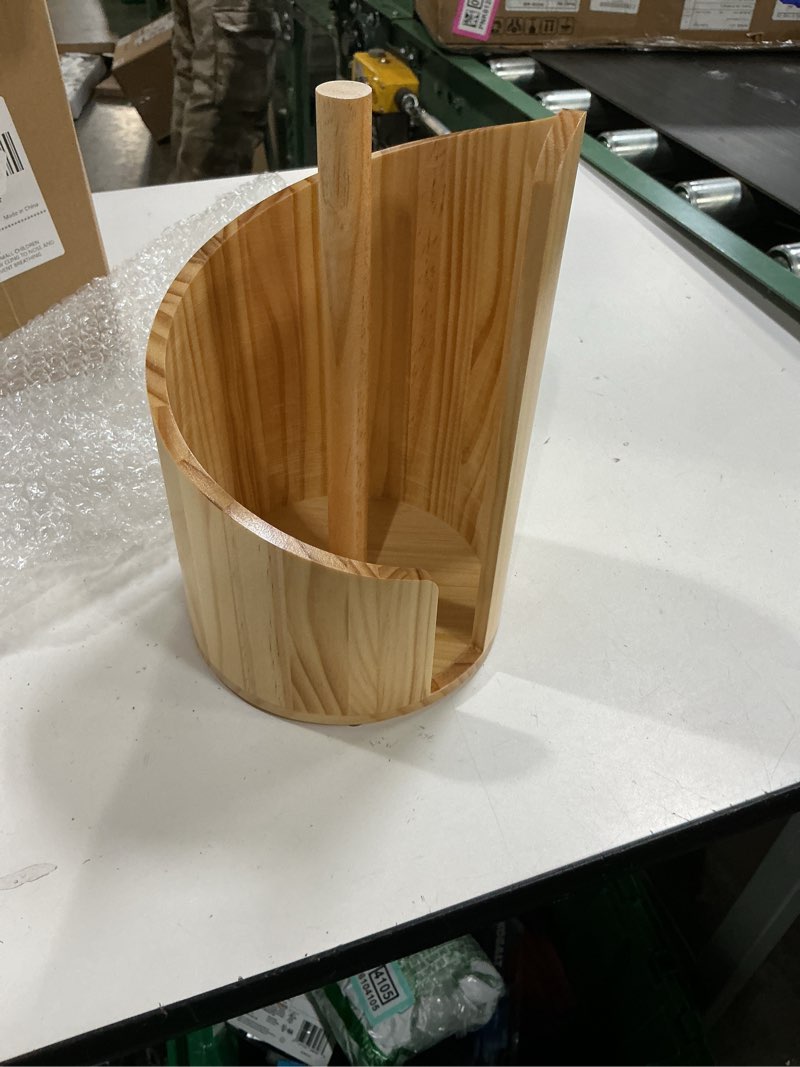 Condition photo showing New/Like New for wooden paper towel holder countertop with mango wood round base(non-slip rubber dots), effortless tearing, modern countertop wood paper towel holders for living room, kitchen