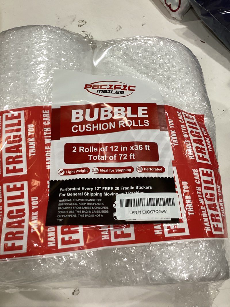 Condition photo showing Good Condition for bubble cushioning wrap rolls, 3/16" x 12" x 72' ft total [2 rolls of 36 feet] perforated every 12", 20 fragile stickers for packaging, shipping, mailing 2 rolls: 12 in x 72 ft clear