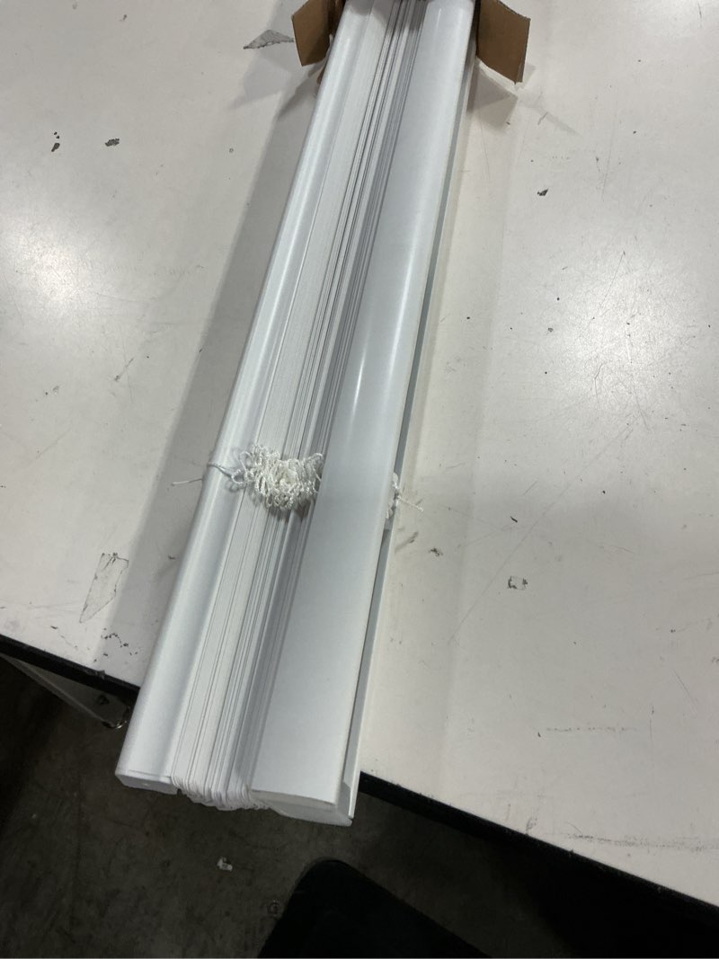 Condition photo showing As Is for project source light filtering 1-in slat width 45-in x 64-in cordless white vinyl light filtering mini-blinds