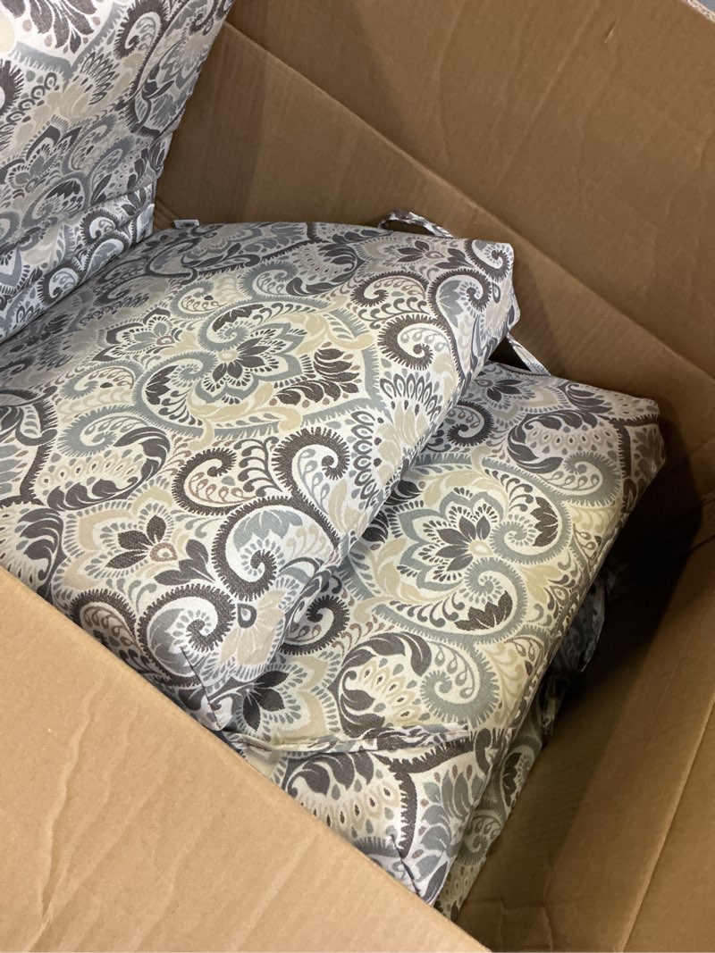 Condition photo showing As Is for arden outdoor midback chair cushion, 18 x 16.5, rain-proof, fade resistant neutral aurora damask