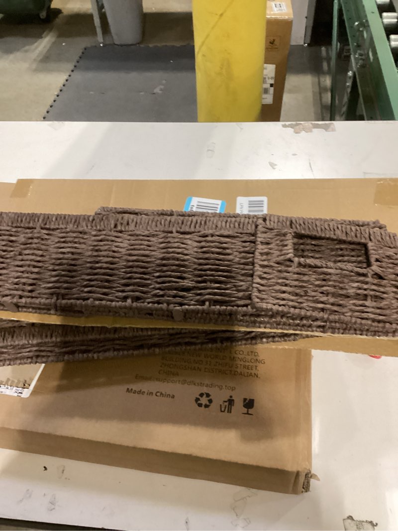 Condition photo showing Good Condition for Paper Rope Wicker Storage Baskets with Handles, 2 Pack Foldable Storage Basket, Rectangle Wicker Basket, Small Wicke Baskets for Pantry Shelves, Toilet Paper Storage Basket for Bathroom, Brown
