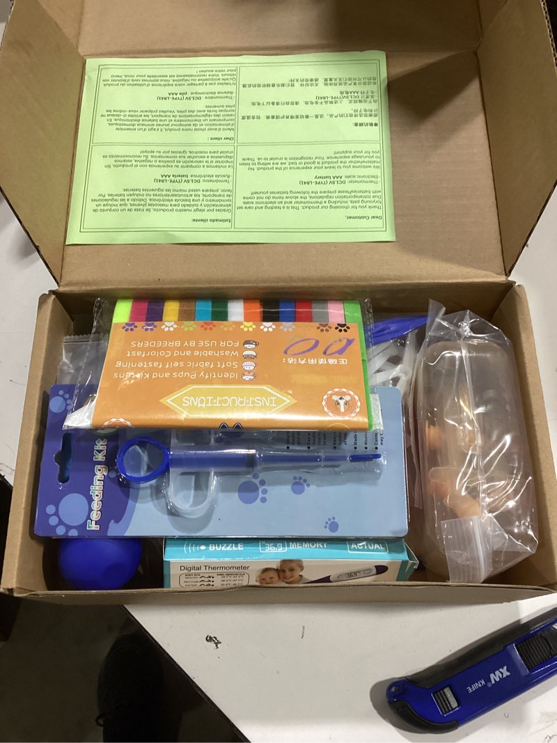 Condition photo showing Good Condition for 52pcs puppy whelping supplies,whelping kit,puppies birth,kitten dog supplies,puppy kit,bottle feeding kit for newborn puppy, puppy whelping collars,tube,cord clamps,gloves,digital thermometer scale