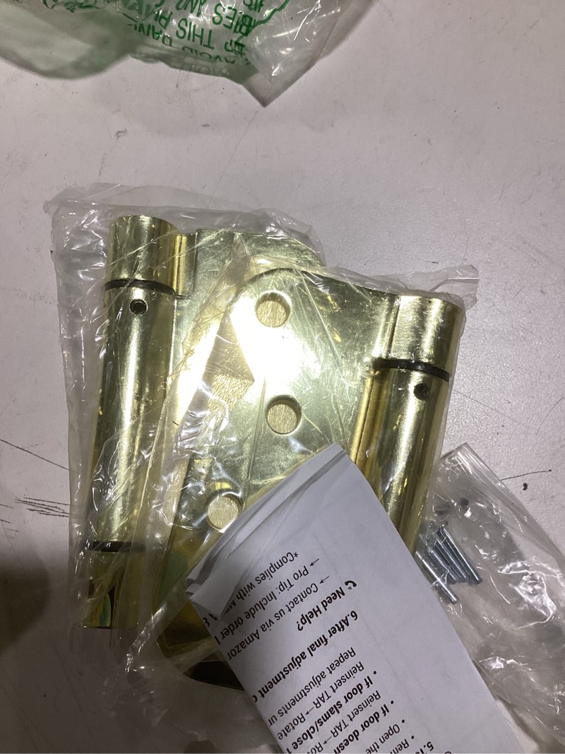 Condition photo showing Good Condition for 2 pack self closing door hinges, 4 inch spring loaded door hinges for garage, front, back door, left/right hand, adjustable tension, 5/8'' radius corners, ul listed, gloden 4"-2 pack