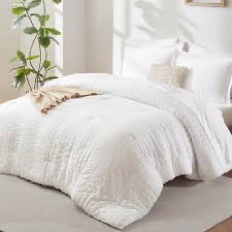 CozyLux Queen Comforter Set White Seersucker 7 Pieces Bed in a Bag Queen Comforter Set with Sheets, 