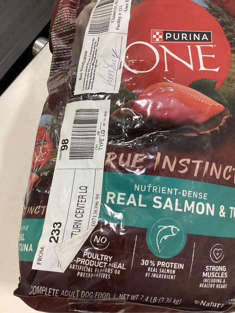 Condition photo showing As Is for purina one smartblend true instinct natural real salmon & fish flavor dry dog food - 7.4lbs best by dec 2027