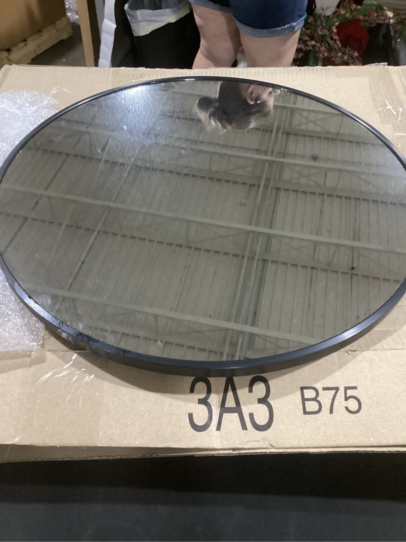 Condition photo showing As Is for bathroom mirror for wall, 20 inch round mirror, matte black metal framed circle vanity mirror for bathroom bedroom living room entryway, anti-rust, tempered glass, hanging or leaning round 20"l x 20"w matte black