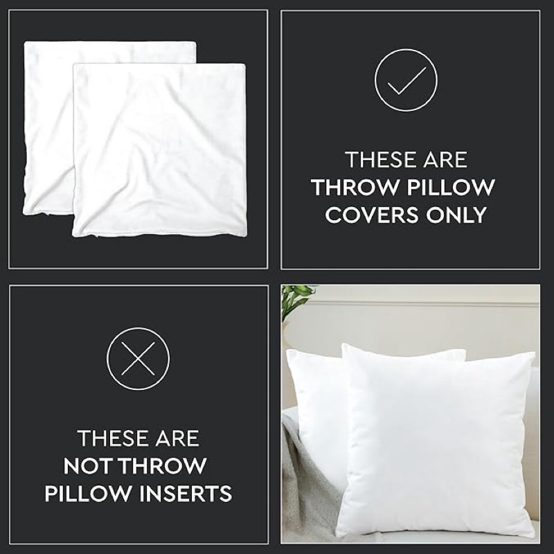 encasa xo velvet throw pillow covers 24x24 in (60x60 cm) - white - no inserts, pack of 2 cases | solid plain dyed soft & smooth, square decorative cushion covers for living & bedroom