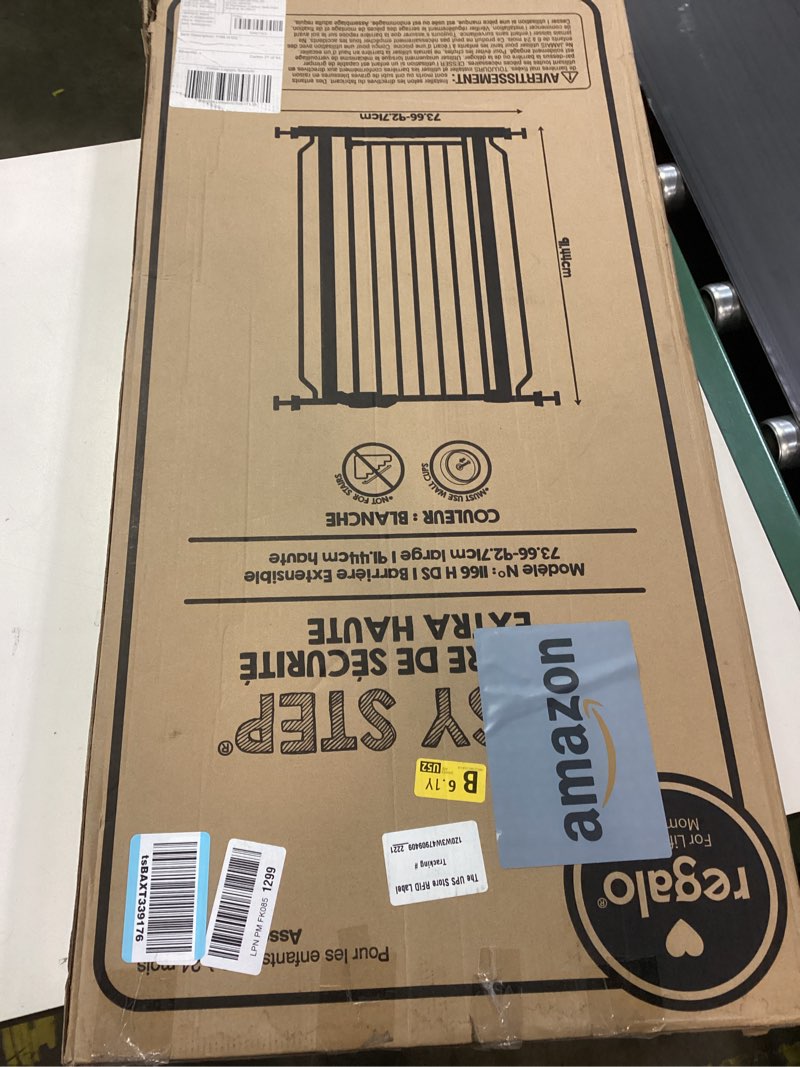 Condition photo showing As Is for Regalo Safety 36" Extra Tall Baby Gate for Doorways & Bottom of Stairs, Pressure Mount, Toddlers & Pets, 6-24 Months, Tested & Safe for 30 Years, American Designed, American Owned White 29-36.5"W x 36"H