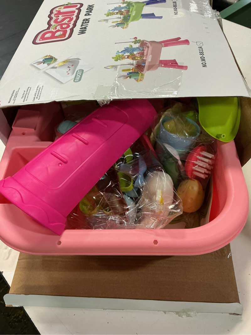 Condition photo showing Good Condition for play sink with running water table for toddlers, 4 in 1 kids kitchen sink toy with functional faucet, play food, kitchen accessories, floating animal fishing game, pretend play dishwasher for kids