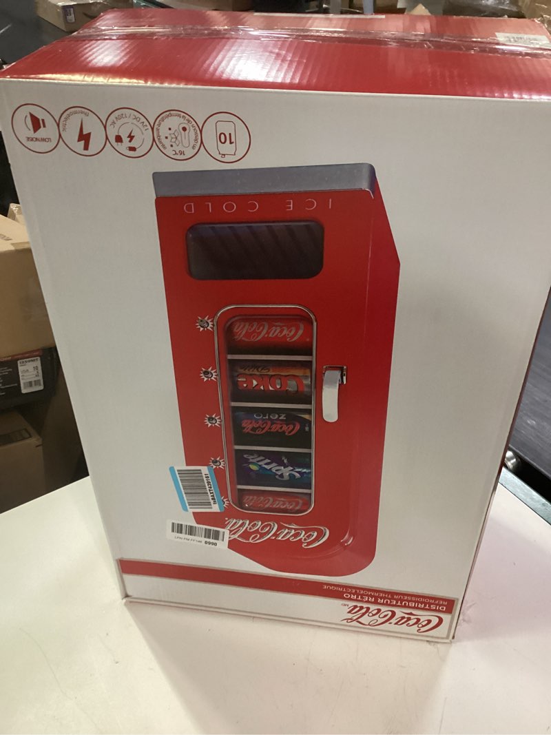 Condition photo showing New/Like New for coca-cola ac/dc retro vending electric cooler with 10 can capacity - beverage vending machine with thermoelectric cooling and tall window display