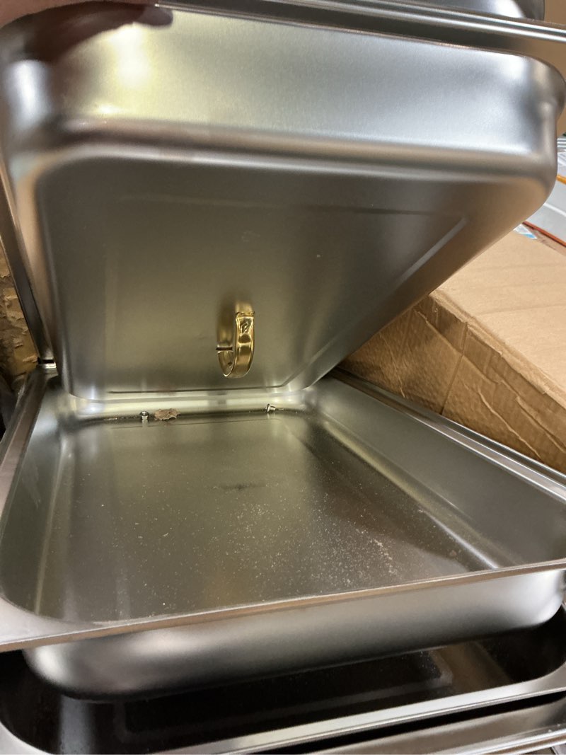 Condition photo showing As Is for Chafing Dishes for Buffet 4 Pack,Festa Essential 8QT Elegant Gold&Silver Stainless Steel Rectangular Catering Chafers Food Warmer with Full,Half,1/3 Food Pan,Fuel Holder,Foldable Frame For Any Party Golden?1/1 pan*2, 1/2 pan*2,1/3 pan*3
