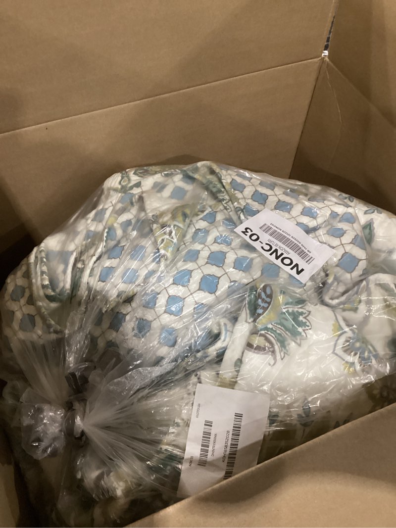 Condition photo showing As Is for levtex home - grey palladium quilt set - king/cal king quilt 106x92in. + two king pillow shams 36x20in. - paisley - green, yellow, grey, blue, and white - reversible - cotton fabric quilt - king/cal king