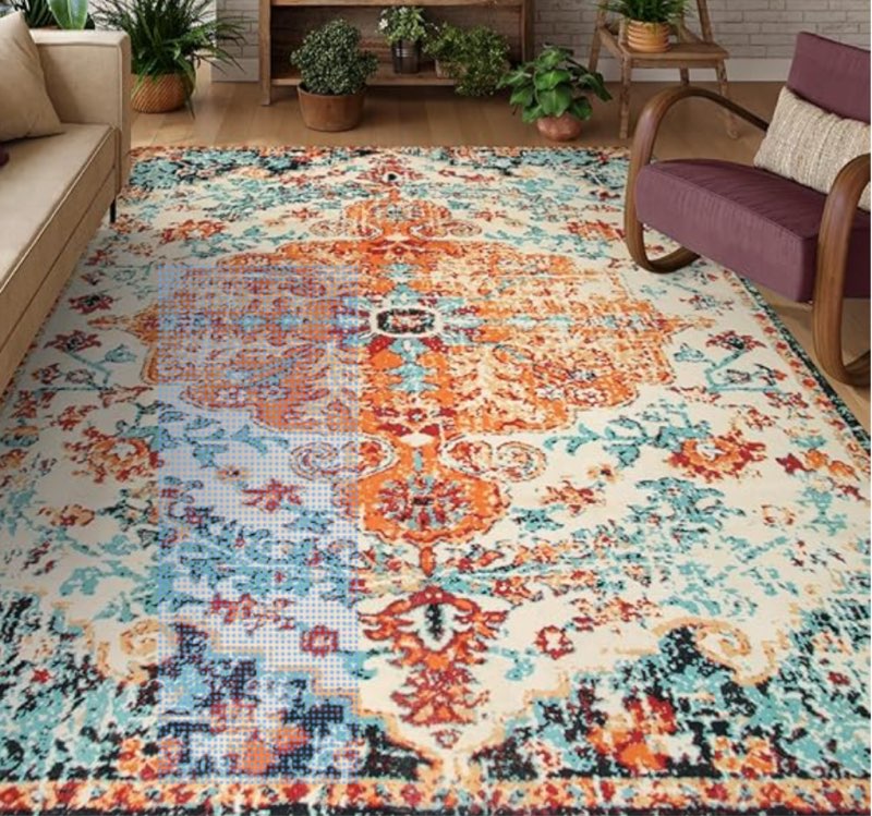 (References image of stock) AreaRug Boho/Orange 8’x10’ (Rectangular)