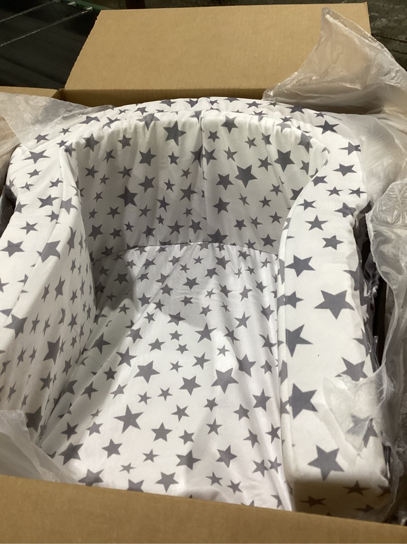 Condition photo showing Good Condition for toddler travel bed, portable toddler bed & chair 2-in-1 – convertible travel crib with storage pockets, built-waterproof oxford cloth, easy,washable covers,soft dutch velvet (stars pattern)