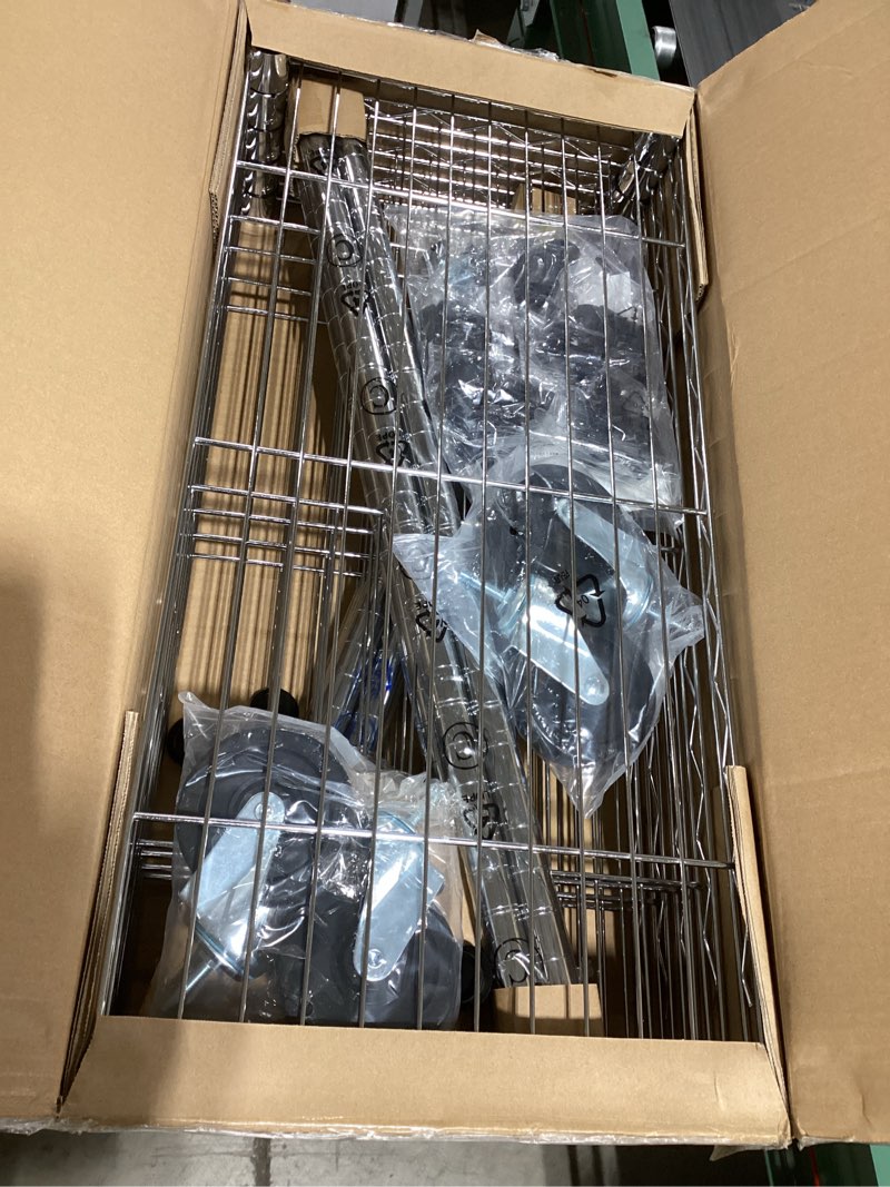Condition photo showing New/Like New for Amazon Basics 5-Shelf Adjustable, Heavy Duty Storage Shelving Unit on 4'' Wheel Casters, Metal Organizer Wire Rack, 30" L x 14" W x 64.8" H, Chrome 5-Shelf Chrome