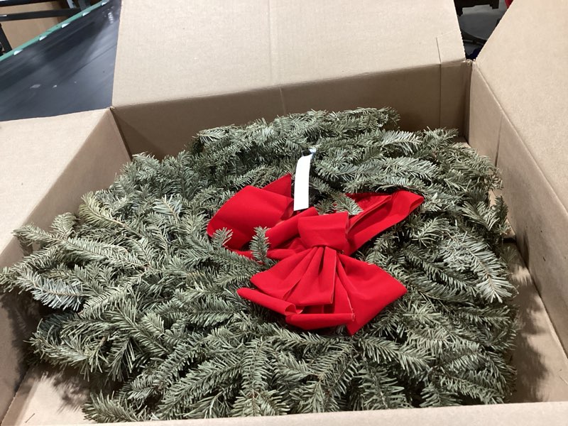 Condition photo showing Good Condition for 24" inch diameter fresh live balsam holiday real wreath with red velvet bow