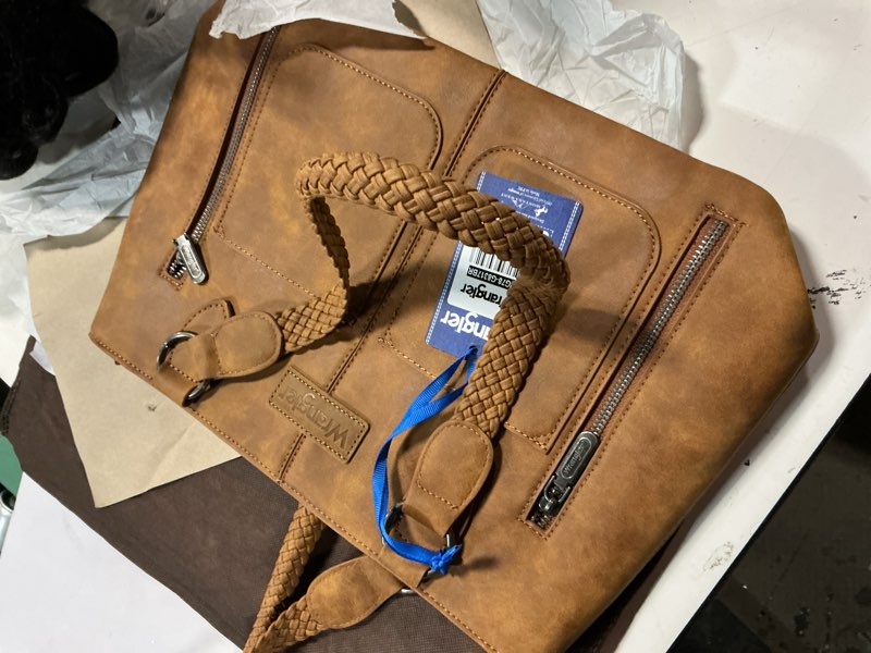 Condition photo showing New/Like New for wrangler distressed tote bag for women western purse multi pockets handbags and shoulder bag braided-morocco brown