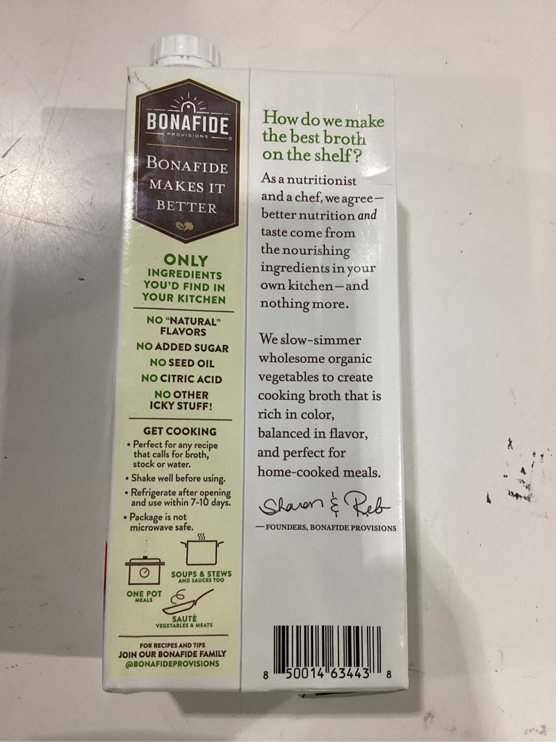 Condition photo showing New/Like New for bonafide provisions organic no salt added vegetable broth, 32 fz, pack of 6