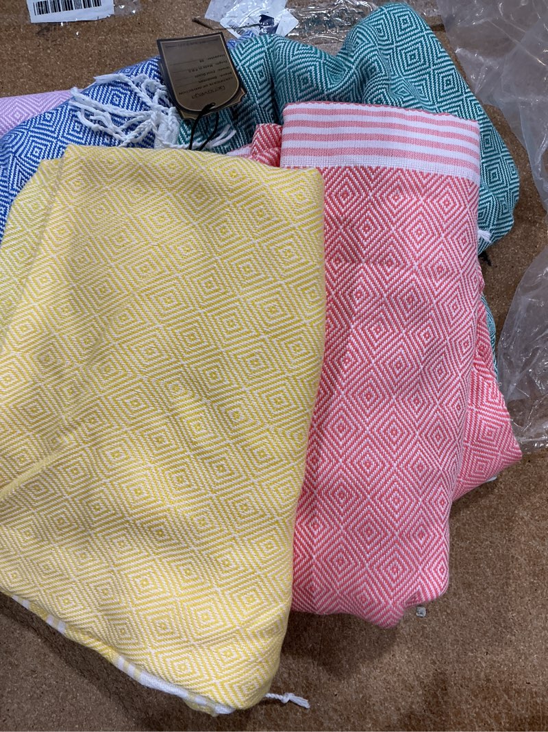 Condition photo showing Good Condition for genovega 6 packs oversized turkish beach towels set bulk 74"x38" extra large quick dry sand free light swim bath camping pool towel travel blanket essentials cruise accessories adult vacation stuff coral green blue pink orange yellow