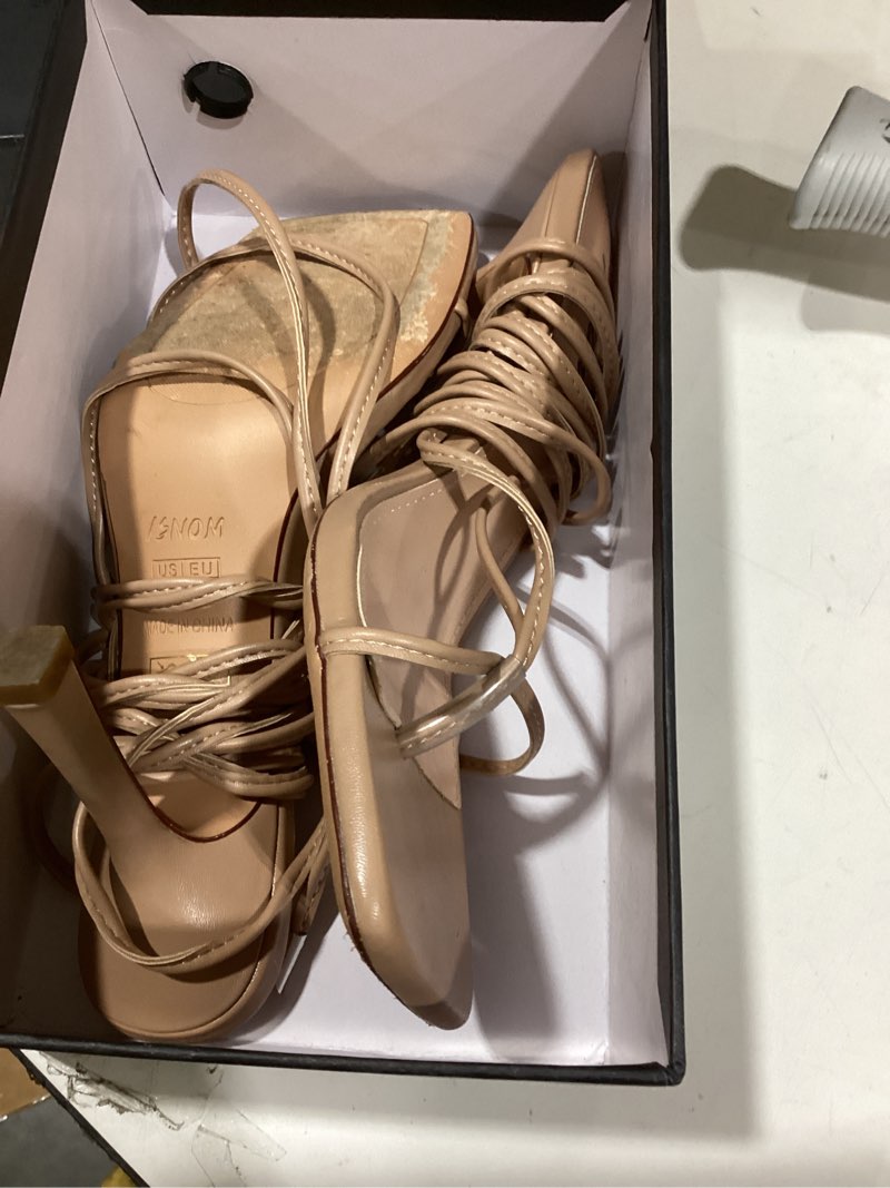 Condition photo showing New/Like New for ISNOM Lace Up Heels Sandals for Women, Square Toe, Open Toe Thong, Stiletto Heels Design 7 Matte Nude