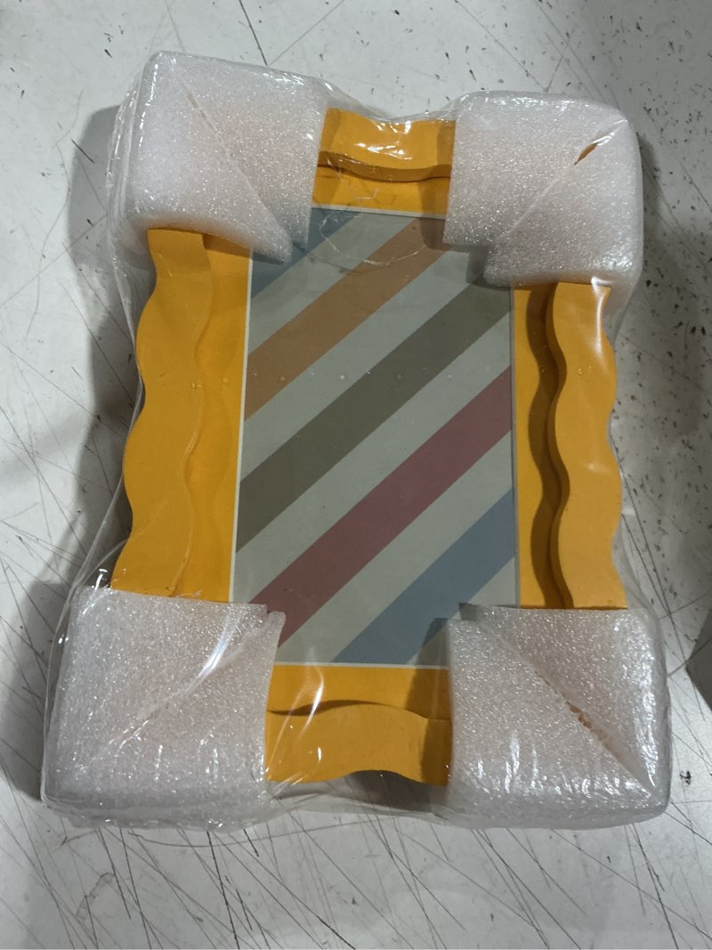 Condition photo showing Good Condition for 4x6 picture frame with mat for 3.5x5, wavy edge wooden real glass photo frame for tabletop and wall hanging, yellow, 1 pack yellow 4x6 in