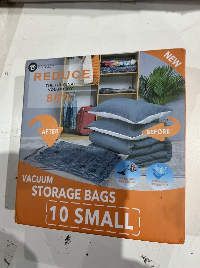 Condition photo showing As Is for gongshi vacuum storage bags, space saver seal bags for clothing, travel luggage,blankets, comforters, pillows, clothes storage.10 small