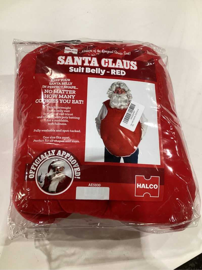 Condition photo showing New/Like New for Halco Santa Belly Stuffer Fat Suit Vest Claus Washable Satin Lightweight Tummy Pad Tie Closure Padding Adult Standard Red