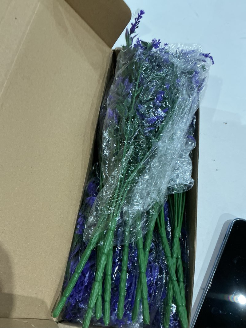 Condition photo showing New/Like New for nov fire outdoor artificial lavender fake flowers - 20 bundles uv resistant outdoor faux plastic flowers plants greenery shrub for indoor outside decoration(purple) purple 20 bundles