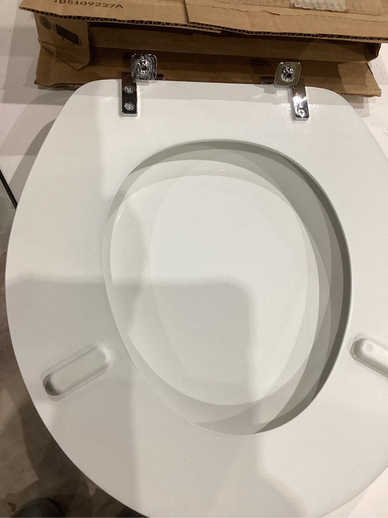 Condition photo showing Good Condition for mayfair 844cp 000 edgewater toilet seat with chrome hinges will never come loose, round, durable enameled wood, white round chrome hinge