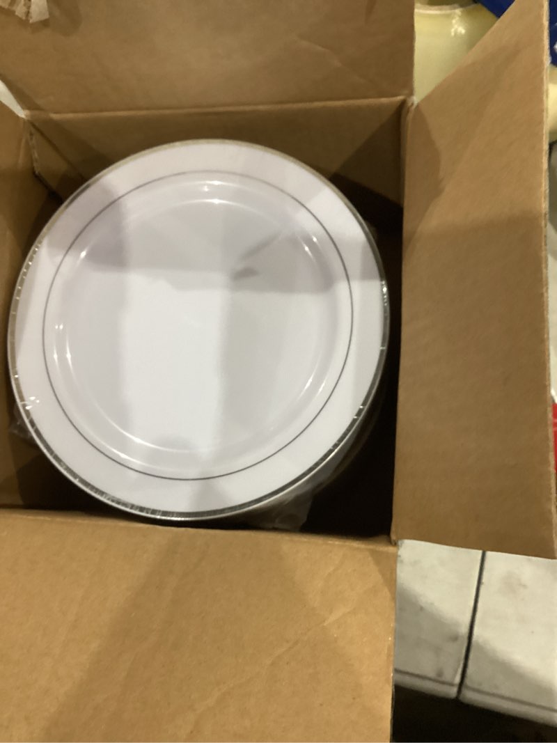 Condition photo showing New/Like New for bUCLA 100Pieces Silver Plastic Plates - 6.25inch White with Silver Rim Disposable Salad/Dessert/Appetizer/Small Cake Plates for Weddings, Parties&Gathering 6.25Inch-100pcs-Silver