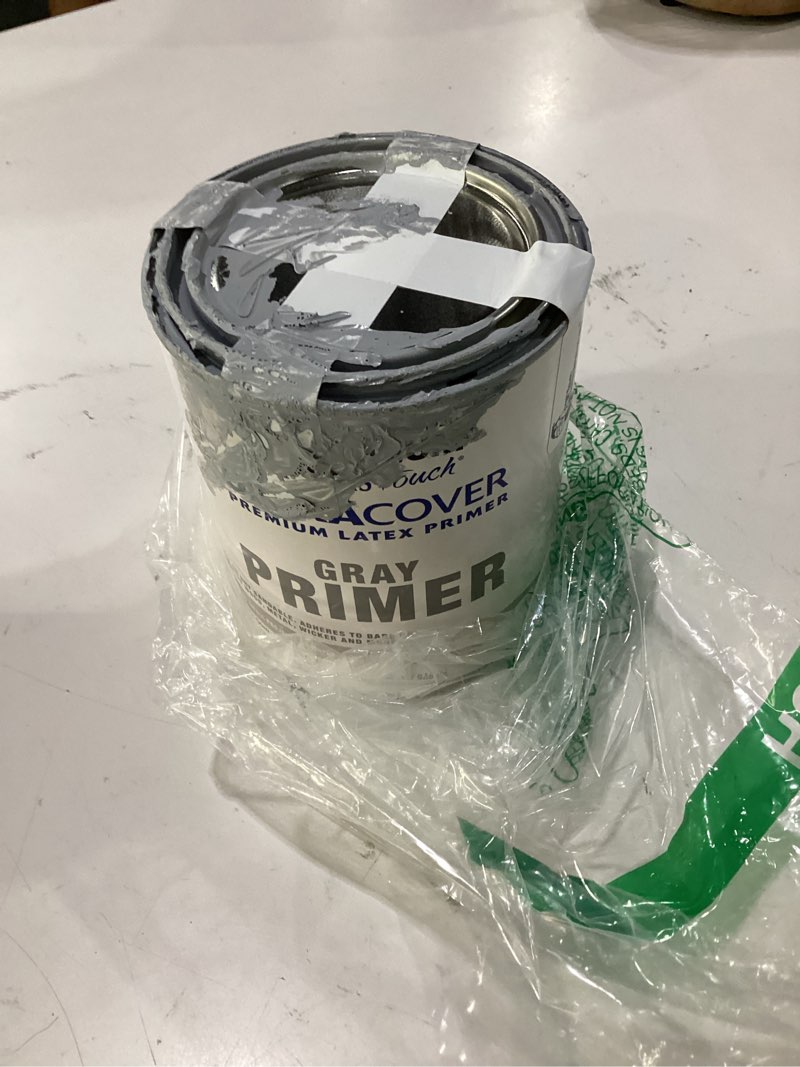 Condition photo showing As Is for rust-oleum brush on painter's touch latex paint, flat gray primer | interior/exterior durability, multi surface (metal, wood and more), fast dry, chip and fade resistant, quart