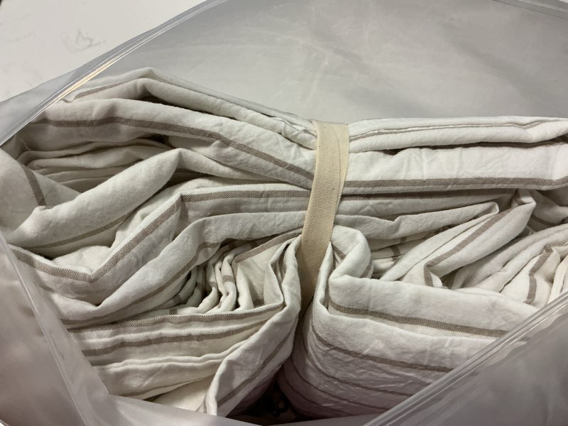 Condition photo showing Good Condition for moomee striped duvet cover set 100% washed cotton linen like textured breathable durable soft comfy (white tannish linen grey wide stripes, cal king 104"x98") wide stripes - white/ tannish linen grey (no comforter) california king (104"x98")