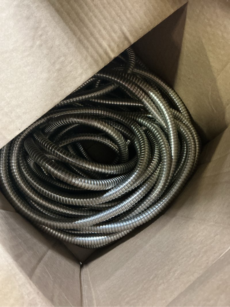 Condition photo showing As Is for metal garden hose water hose 100ft heavy duty stainless steel water pipe with sprayer & nozzle flexible lightweight hose no kink pet proof hose for yard, outdoors, rv unexpandable metal hose 100ft