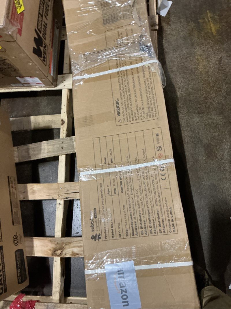 Condition photo showing New/Like New for robotime wooden swing set for backyard, all-in-one kids outdoor play equipment with swings, slide, climbing rope ladder, outdoor swing playset for kids ages 3-10