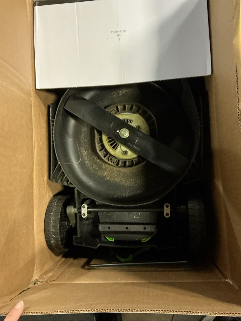 Condition photo showing As Is for greenworks 24v 13“ brushless cordless lawn mower with 4.0ah battery & charger,maintenance-free push mower with 2-in-1 mulch/bag 13" brushless mower (24v)