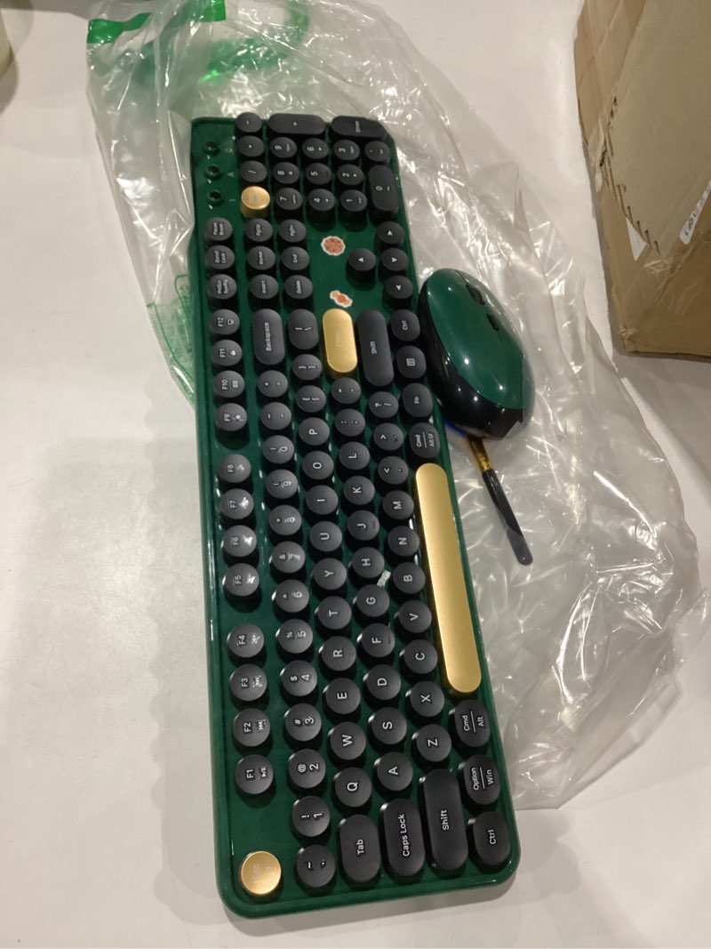 Condition photo showing As Is for used colorful wireless computer keyboards mouse combos, cute retro typewriter keyboard with round keycaps, 2.4 ghz 104 keys full-sized usb/type c receiver keyboard and optical mouse?dark green?